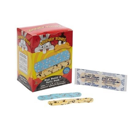 Band-aid Dukal Adhesive Strip Looney Tunes™ Stat Strip® 3/4 X 3 Inch Plastic Rectangle Kid Design (Looney Tunes Bugs and Daffy) Sterile. 200/bandages