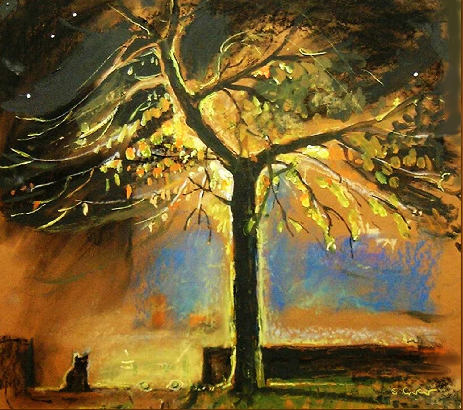 PRINT--  AUTUMN TREE and CAT