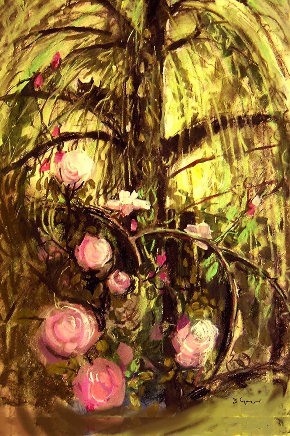 PRINT-- WILLOW,ROSES and CAT