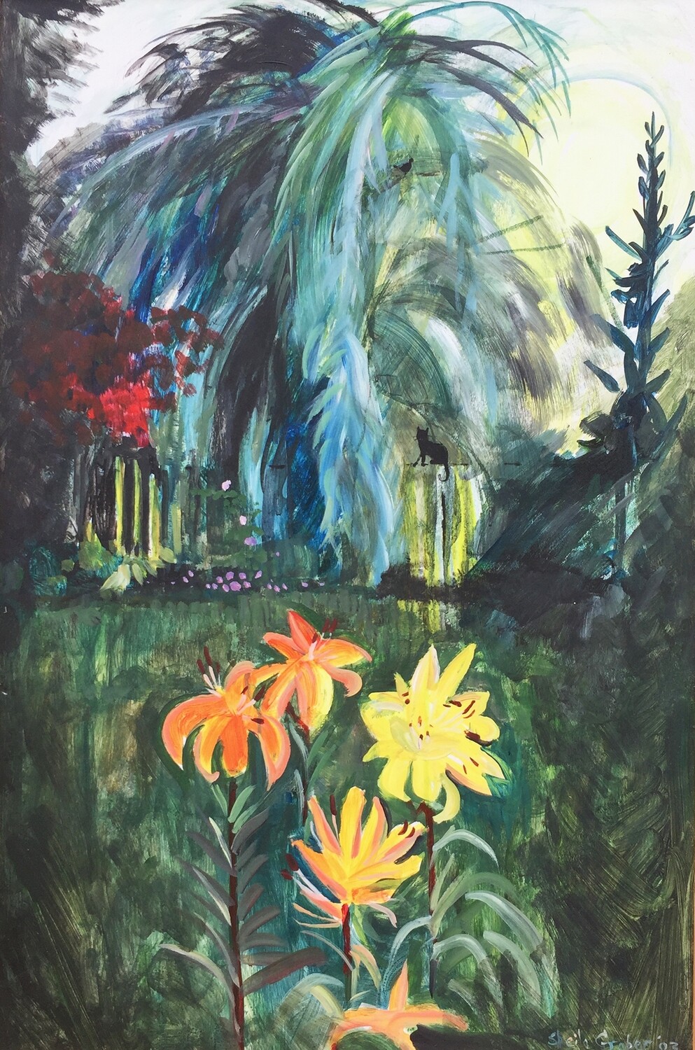 PRINT-WILLOW TREE, LILIES AND CAT