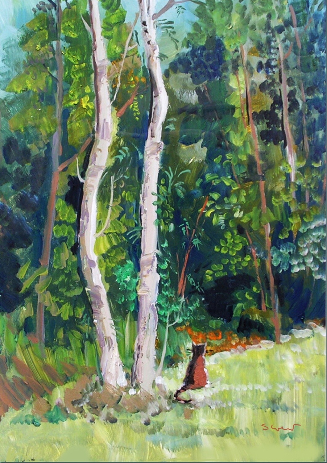 PRINT-SANDANCER  SILVER BIRCHES and CAT