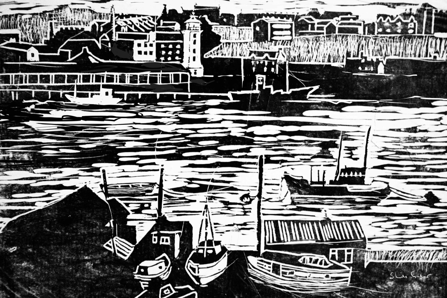 PRINT- _ RIVER TYNE WOODCUT 1962