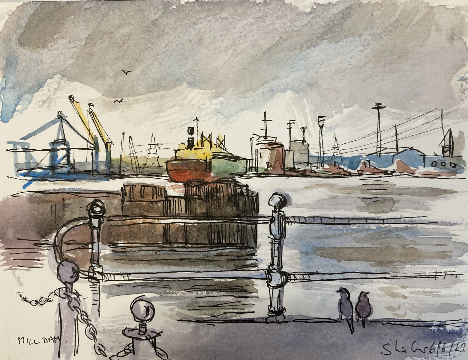 PRINT-- MILL DAM WITH PIGEONS 6/6/23