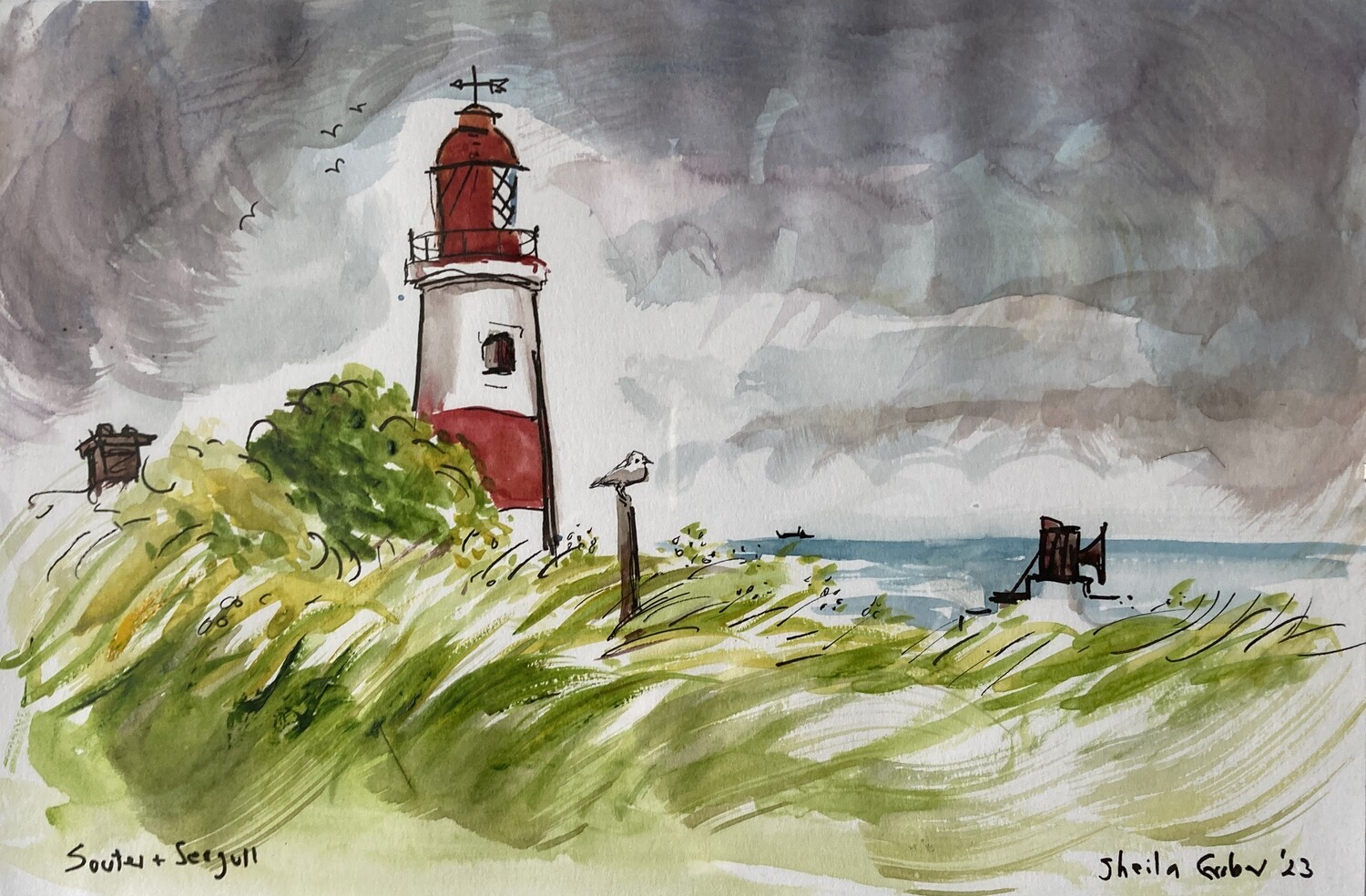 PRINT-- SOUTER LIGHTHOUSE &amp; SEAGULL