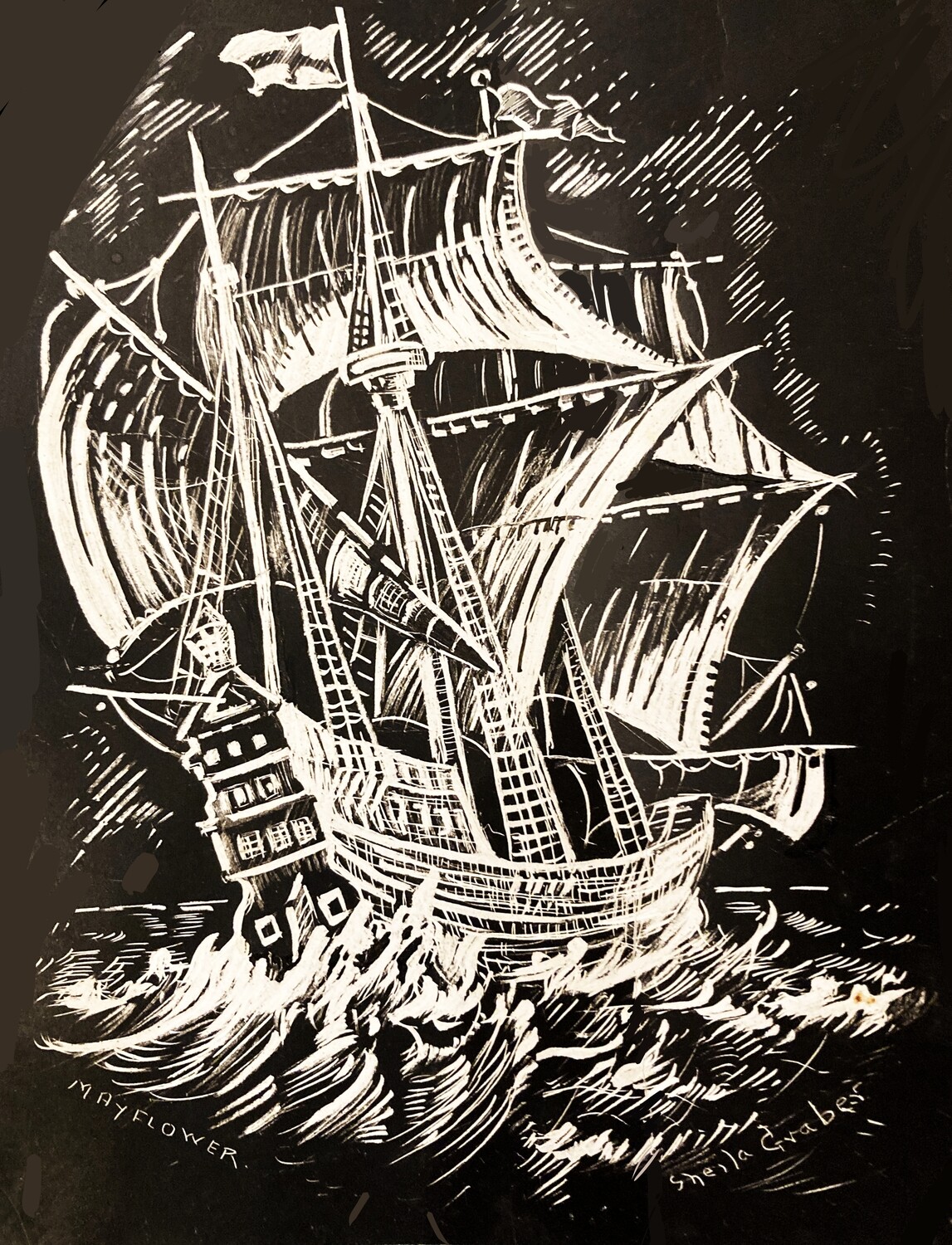 PRINT- of SCRAPERBOARD- MAYFLOWER 1952/3