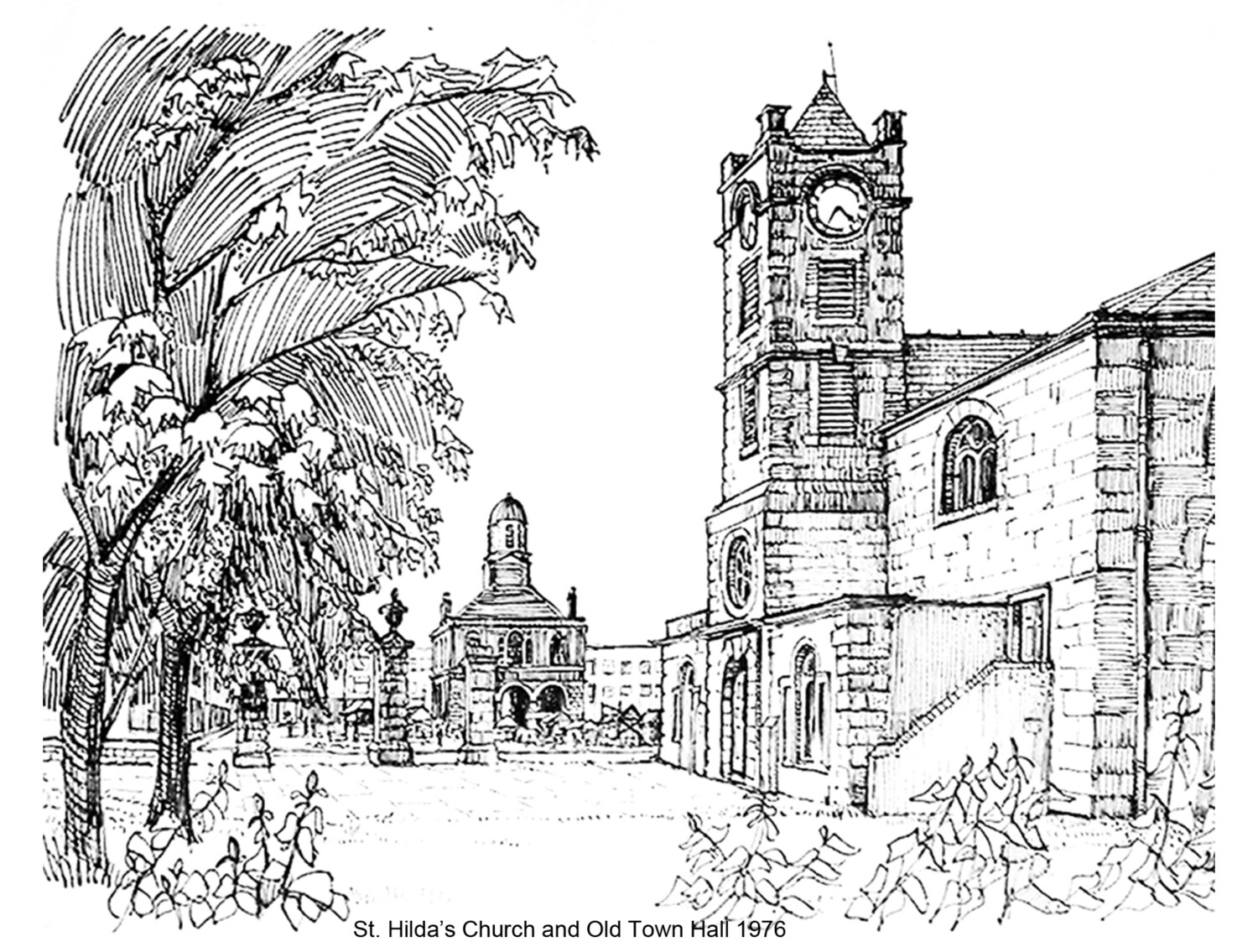 PRINT - - ST HILDAS  B/W DRAWING South Shields 1976