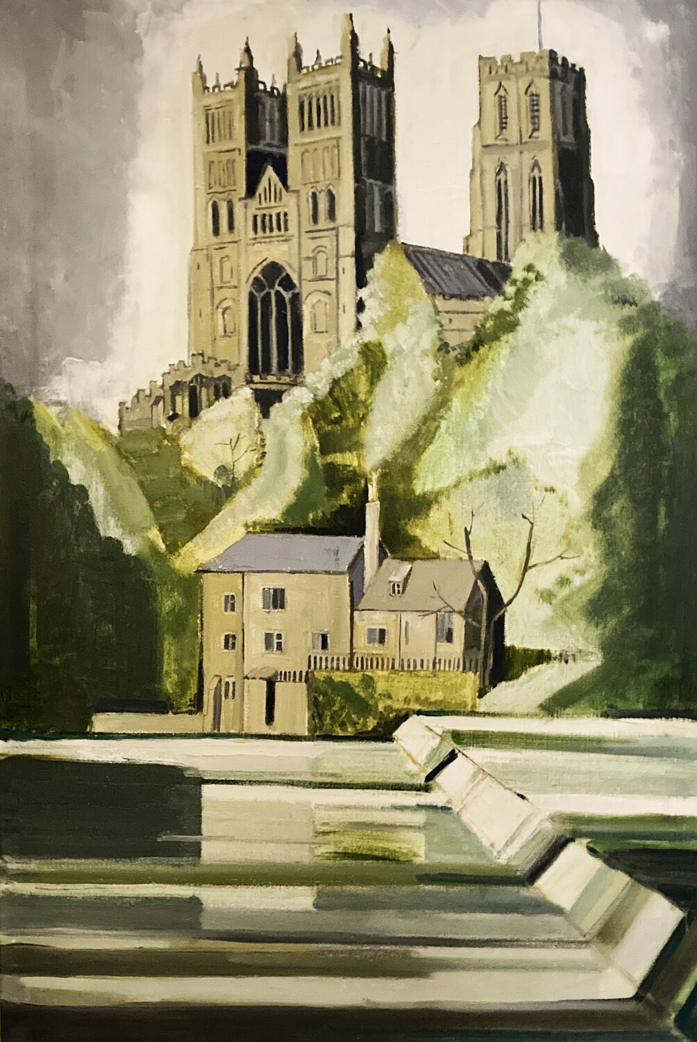 PRINT -  OF OIL PAINTING- DURHAM CATHEDRAL IN SUMMER 1980.