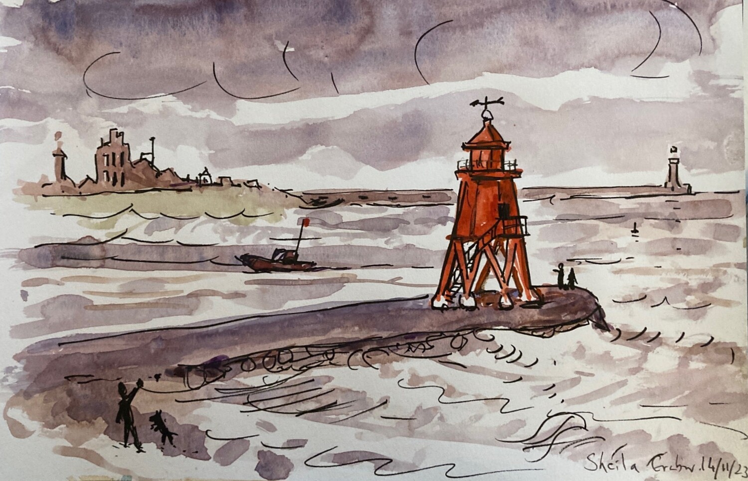 PRINT - -28 HIGH SEAS at GROYNE with PILOT CUTTER