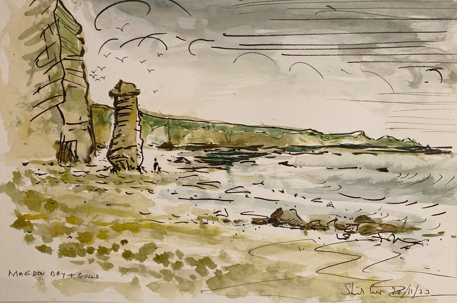 PRINT - 06  A4 framed MARSDEN BAY &amp; GULLS 20/11/23