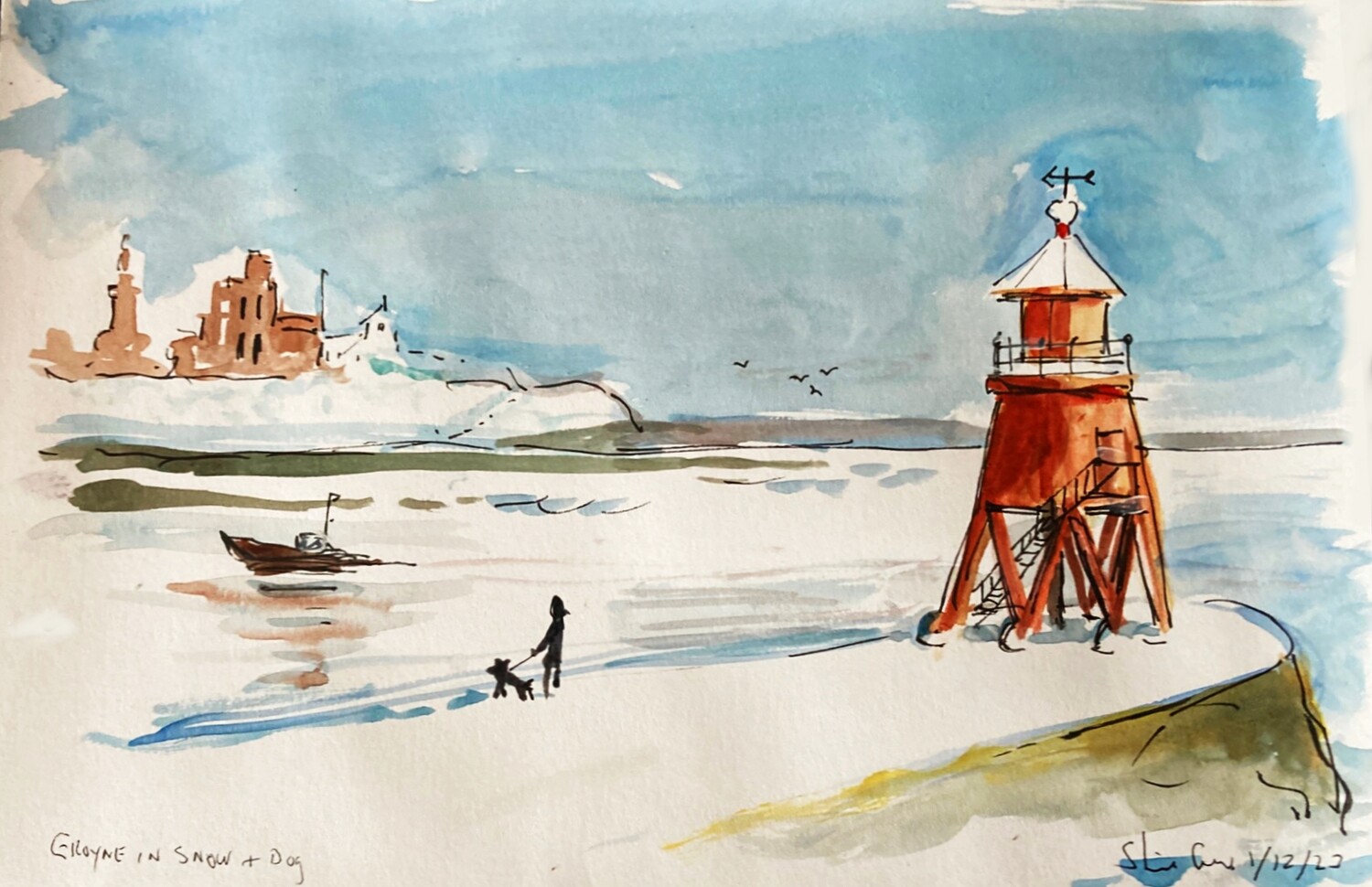 PRINT -  20 GROYNE in SNOW &amp; A DOG