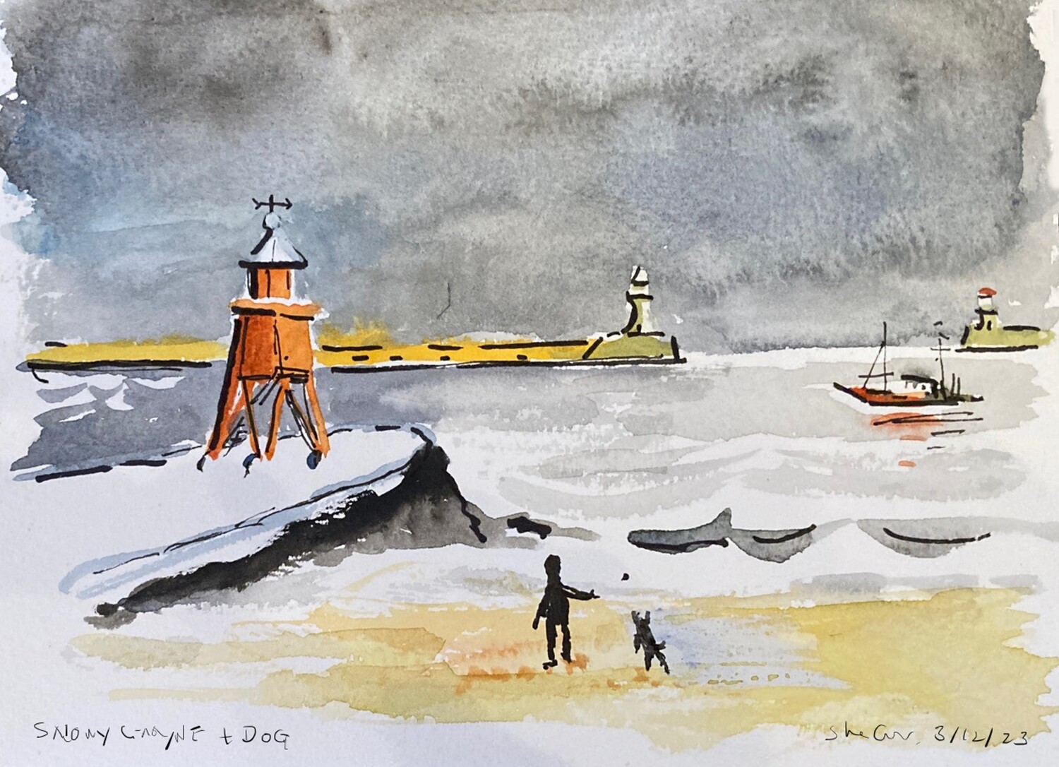 PRINT -  19 SNOWY GROYNE with DOG  3/12/23