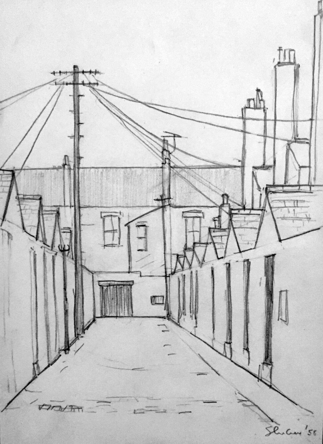 PRINT -  _ BACKLANE with Telegraph Poles  VESPASIAN AVE 1957