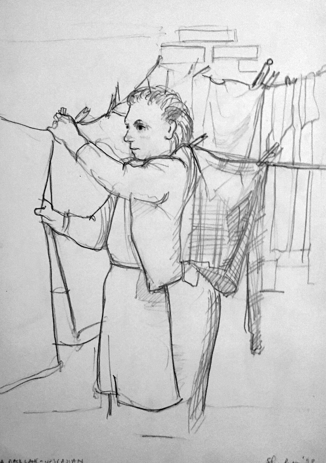 PRINT - _Mam hanging out washing in Backlane - VESPASIAN AVE 1958