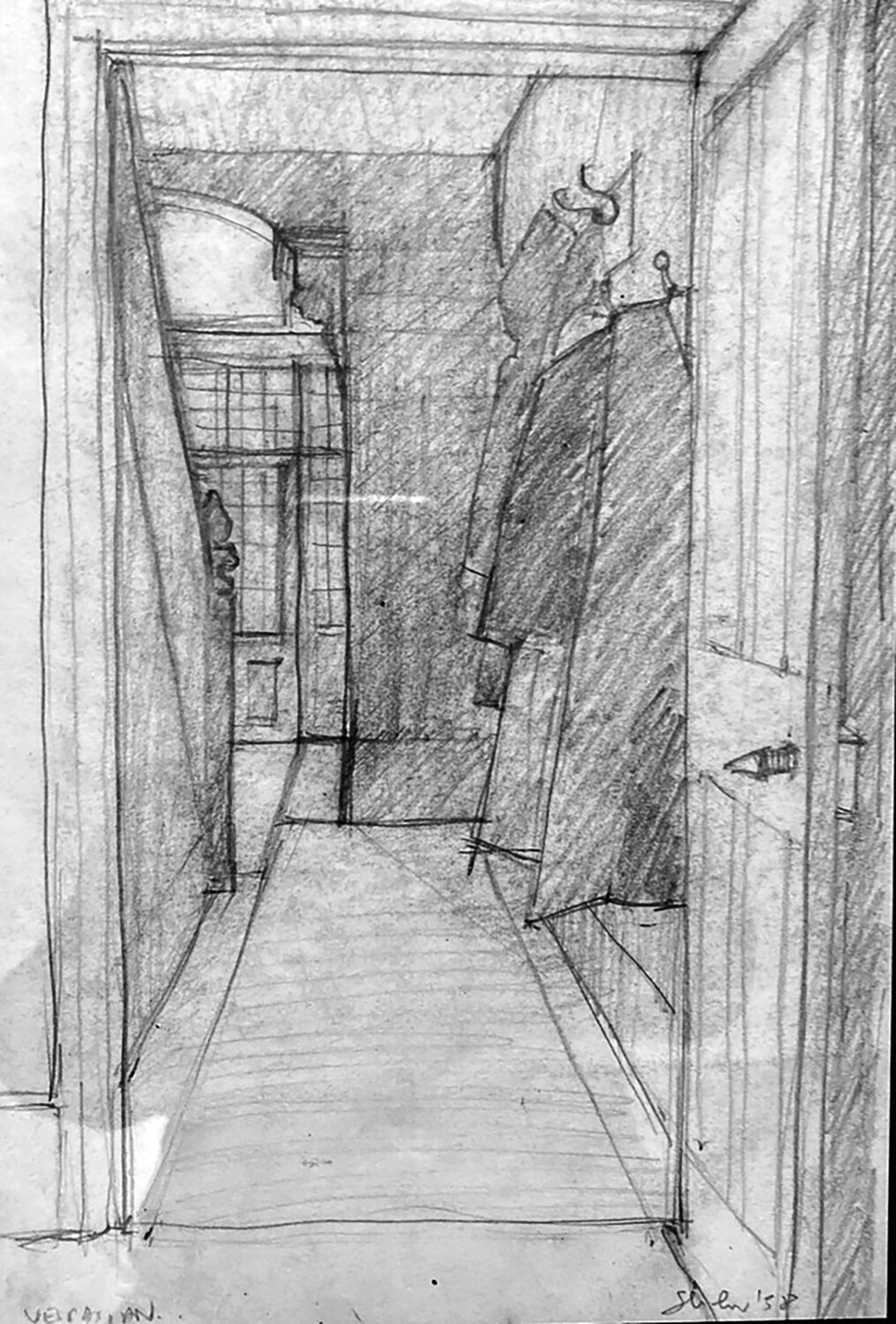PRINT - _ Hallway of Vespasian Ave.  with coats 1957