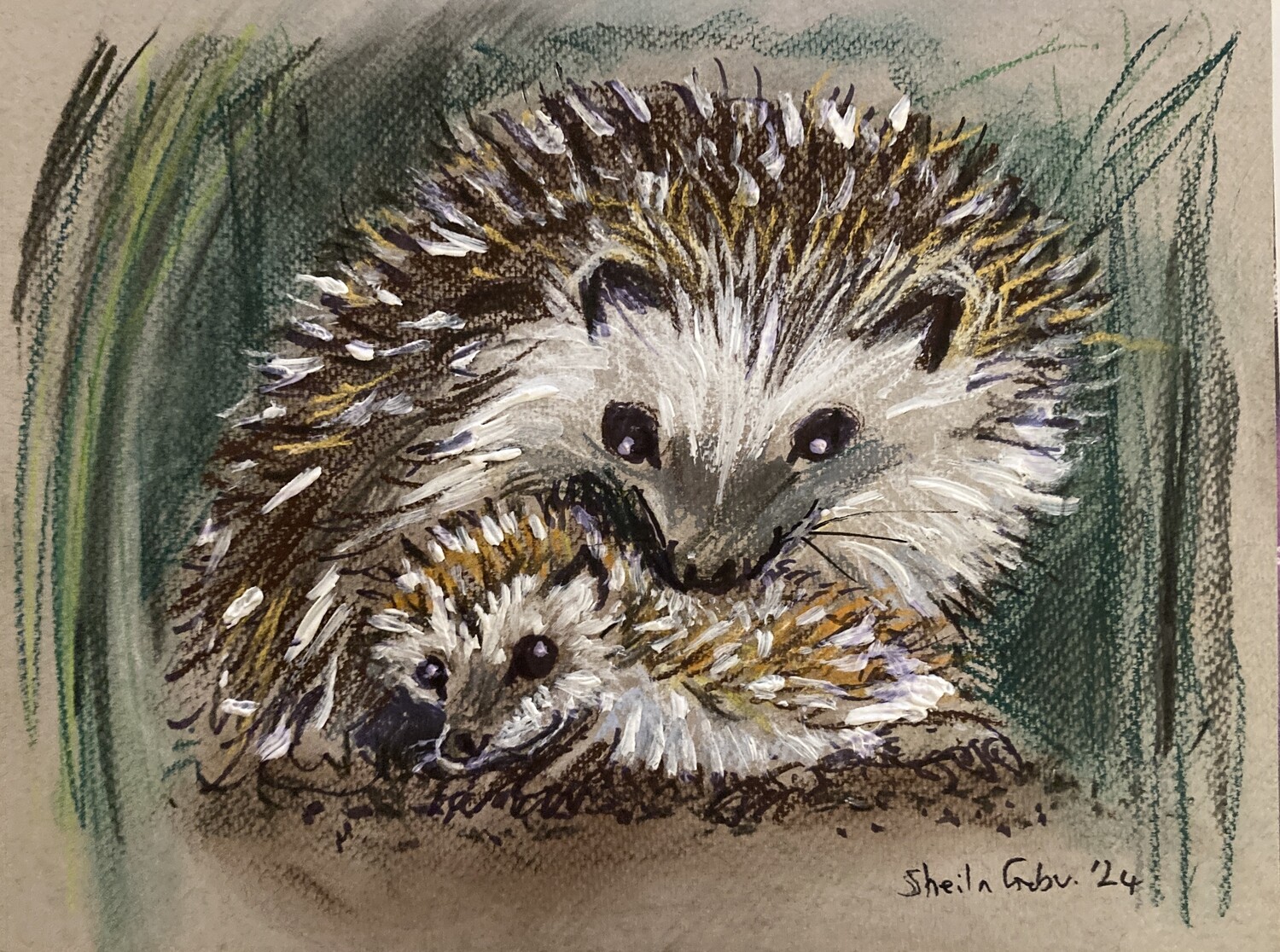 PRINT-  of  PASTEL &quot; HOGLET &amp; MOTHER&quot; 25/2/24&quot;