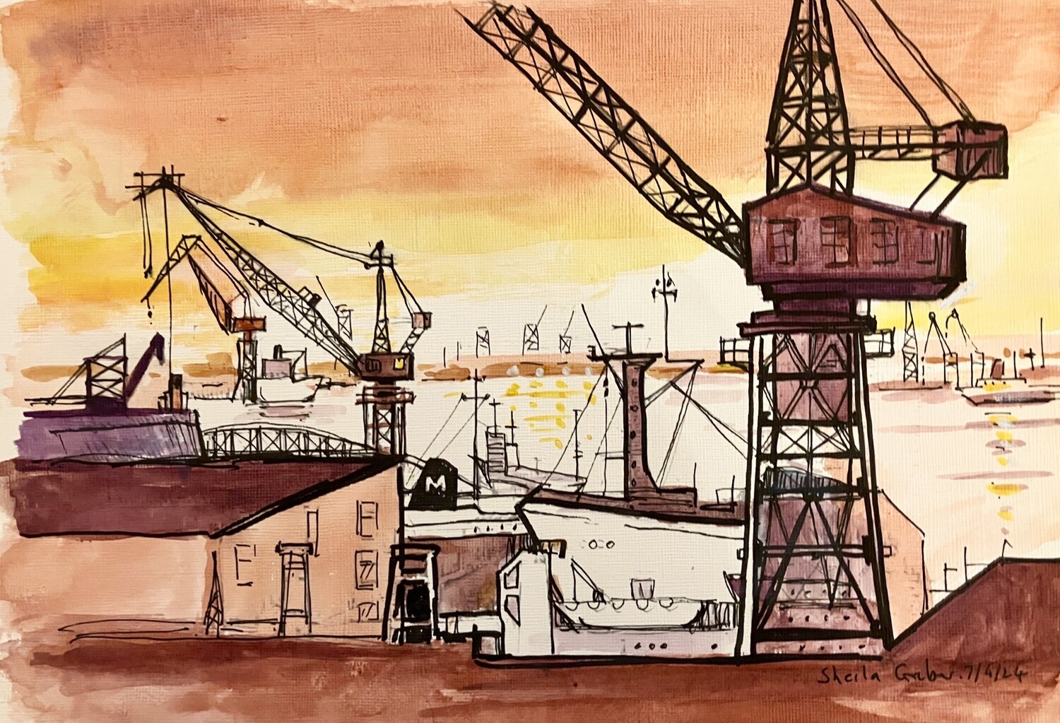 PRINT  Watercolour/Ink TDE RED CRANES 7/4/24