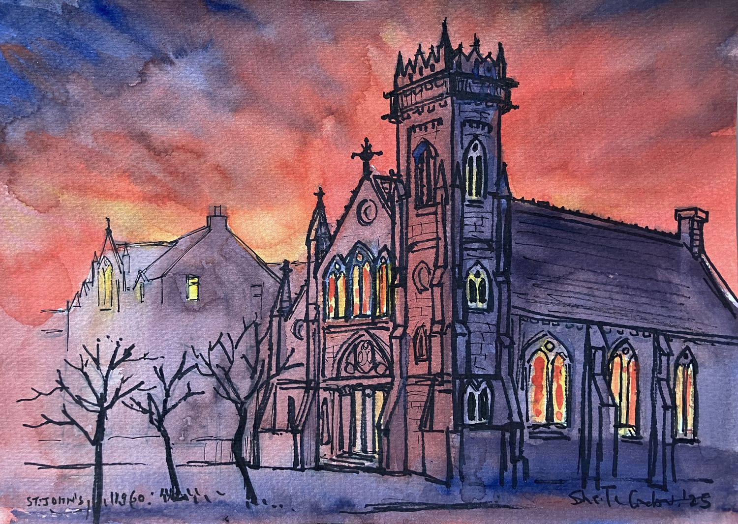 ORIGINAL- St JOHN's CHURCH at SUNSET 1960