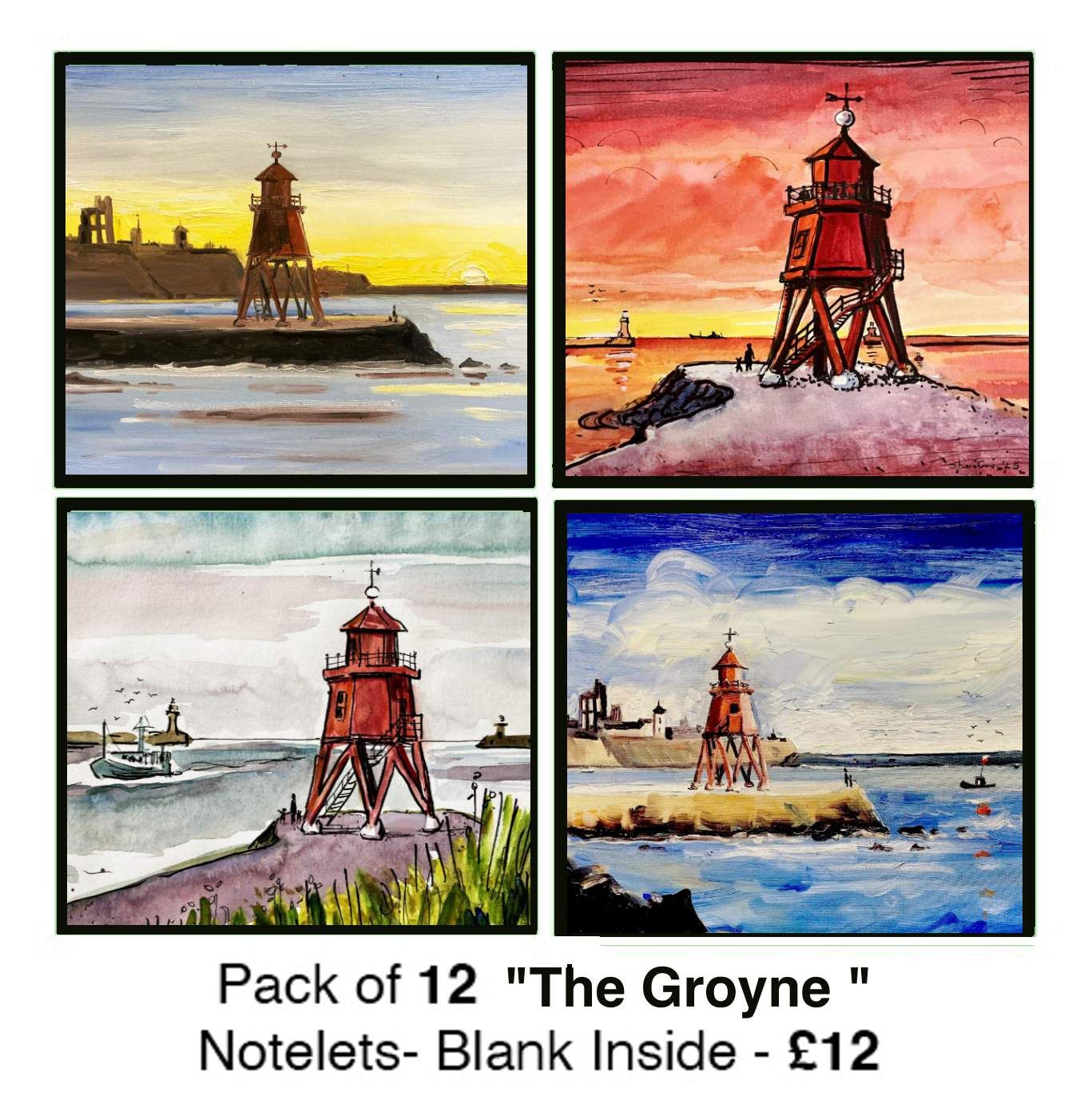 Pack of 12 Notelets - &quot;THE GROYNE&quot; at the mouth of the Tyne