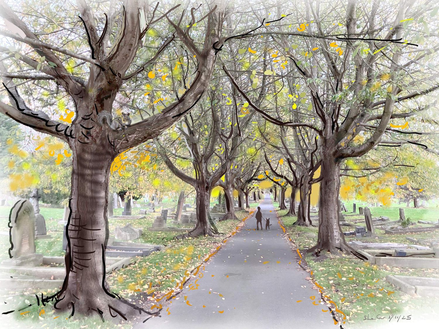 PRINT-Harton Cemetery  Autumn Walk with squirrel 1/11/25