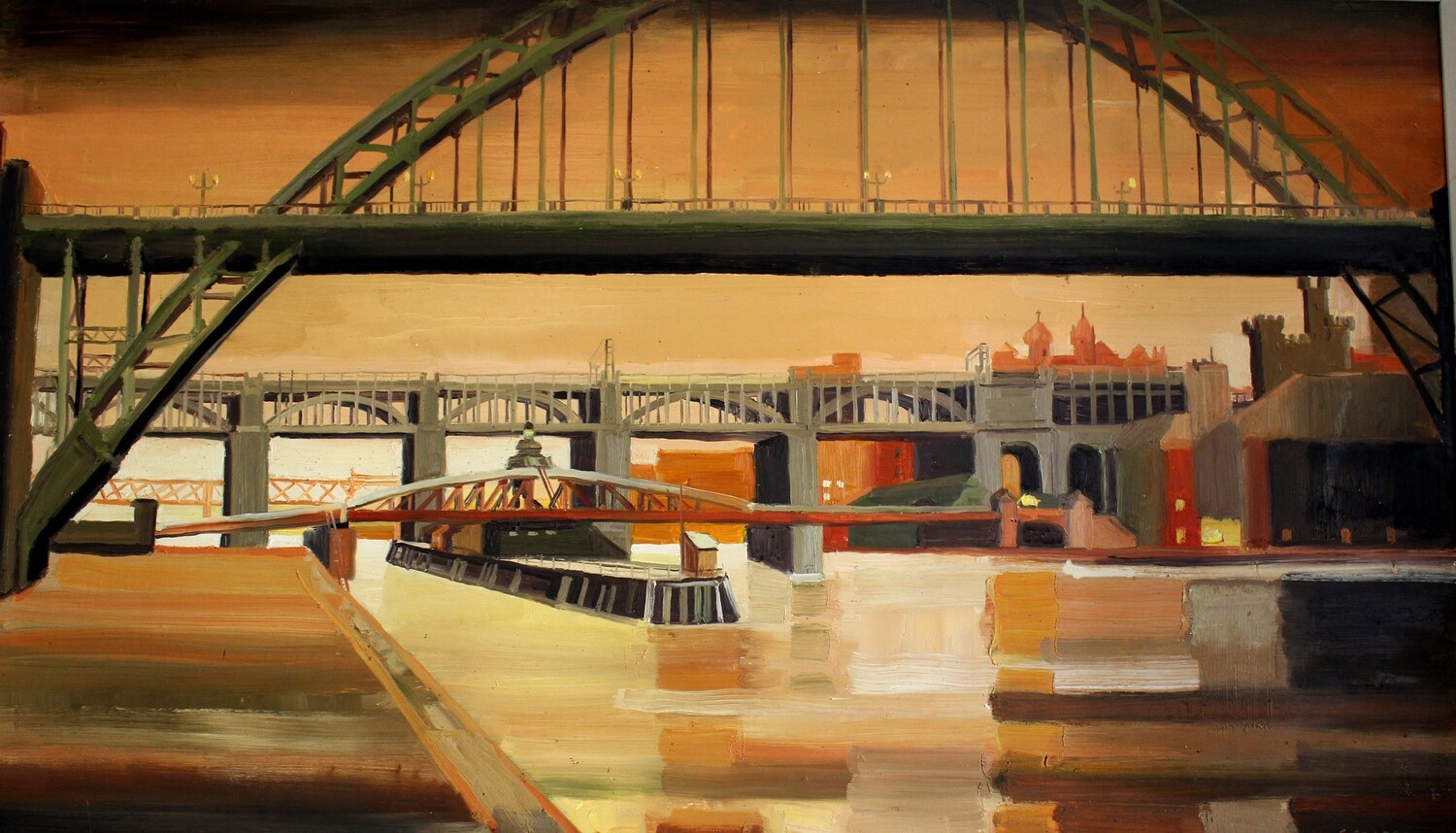 PRINT- NEWCASTLE BRIDGES- ORANGE-1970's