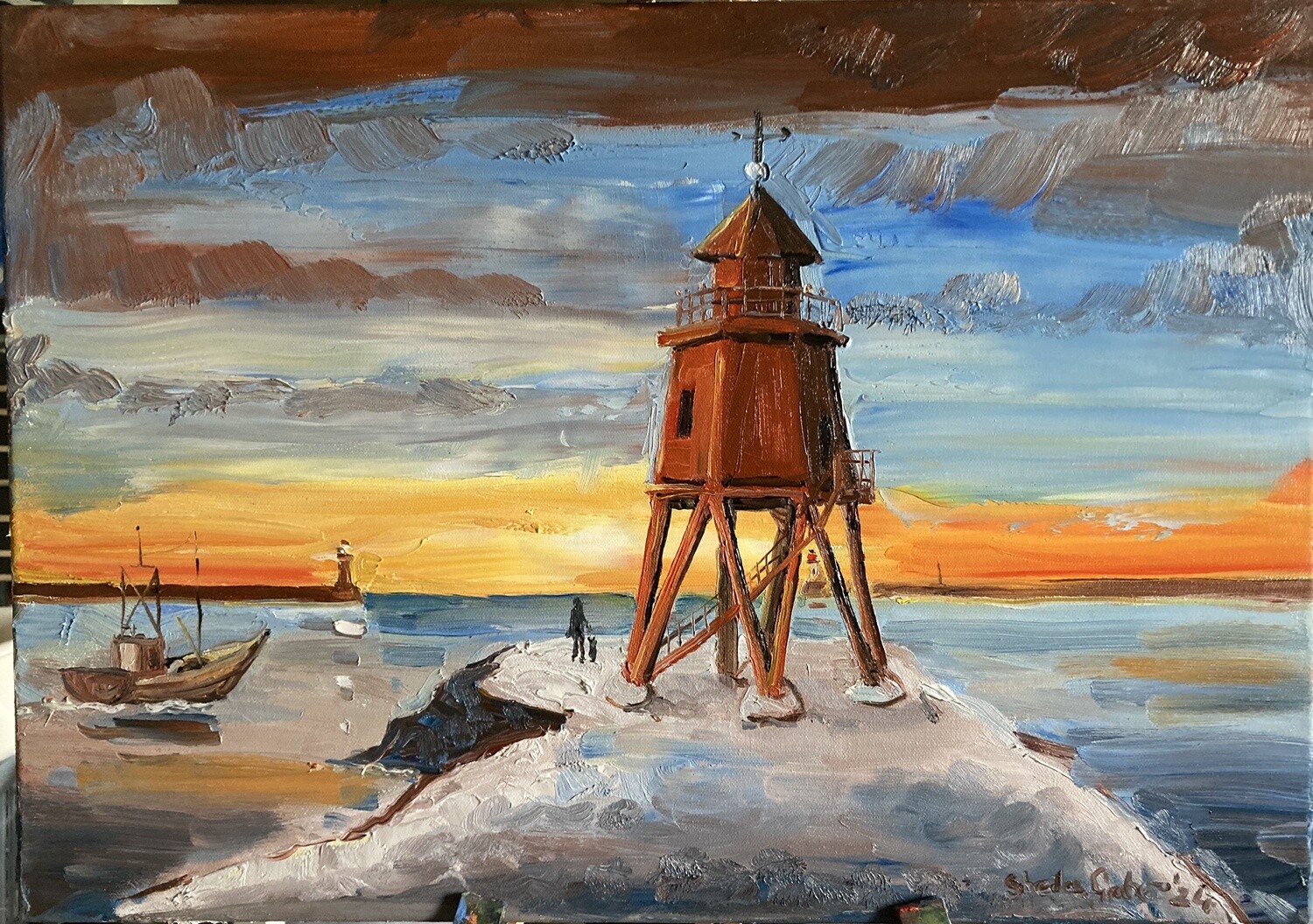 PRINT-  12 GROYNE &amp; FIshing Boat Sunset Jan'24