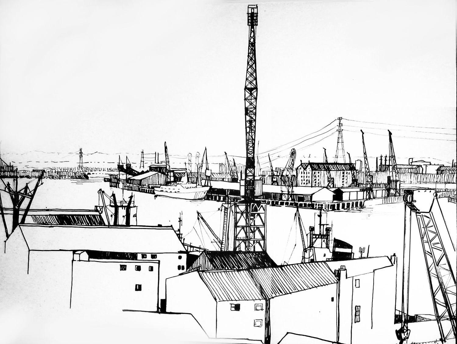 PRINT-  TYNE with  CRANES and SS Blenheim Docked 1970's