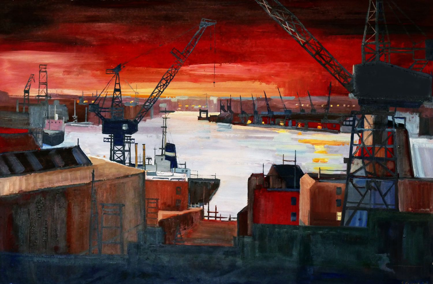 PRINT-  TYNE with  CRANES at evening 1970's