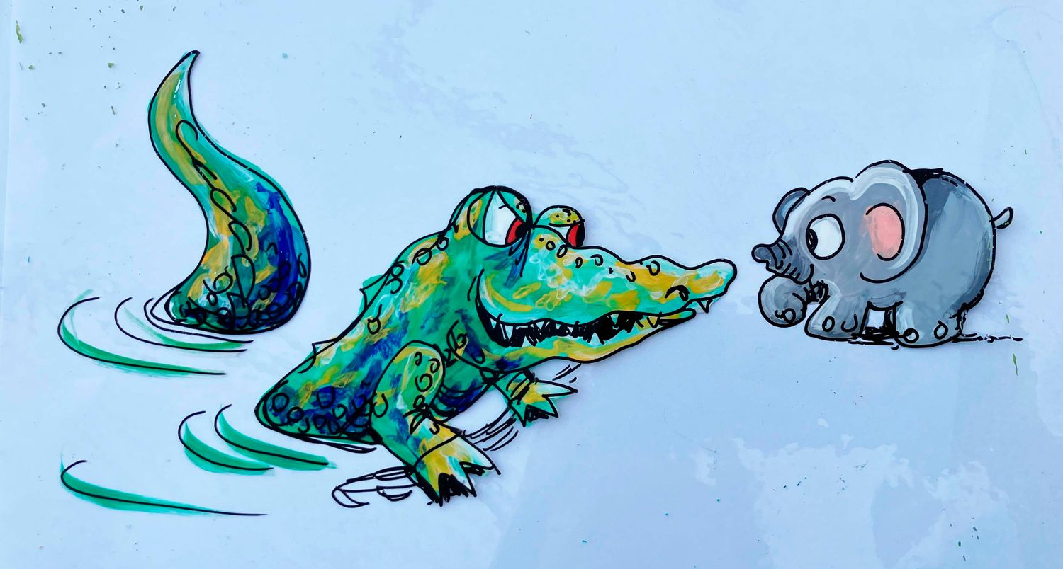 Hand Painted Cel- JUST SO '80 " Elephants's Child meets Crocodile