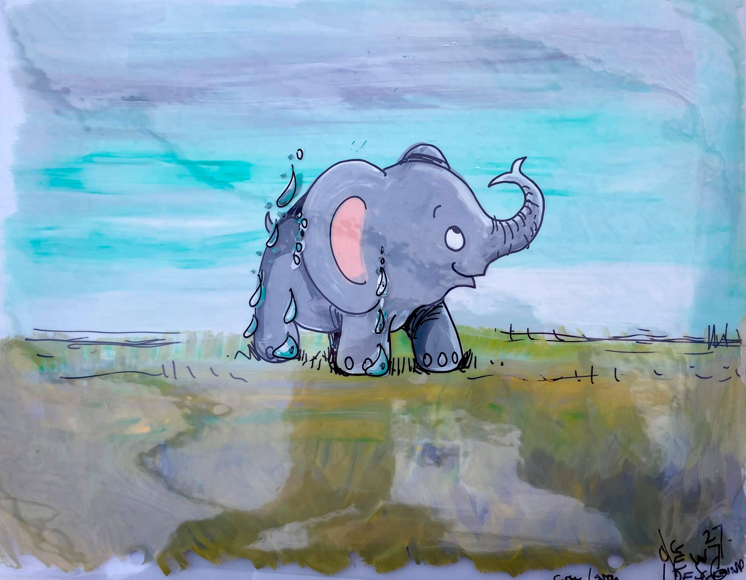 Hand Painted Cel- JUST SO '80 " Elephants's Child washes wth New Trunk