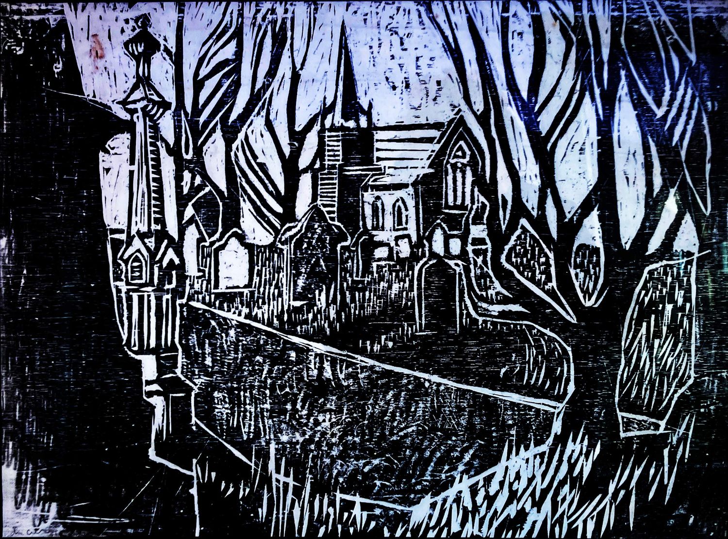 ORIGINAL WOODCUT PRINT - ST  PETER's CHURCH 1963