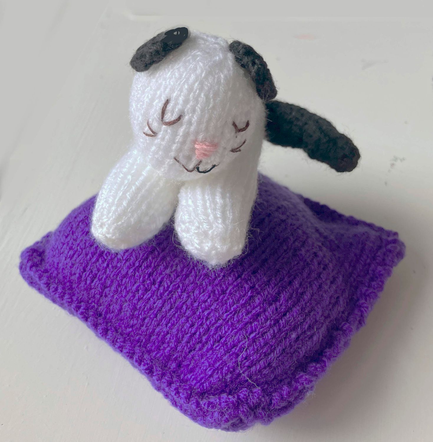 Jen's KNIT.. Black &amp; White Cat on BLUE cushion