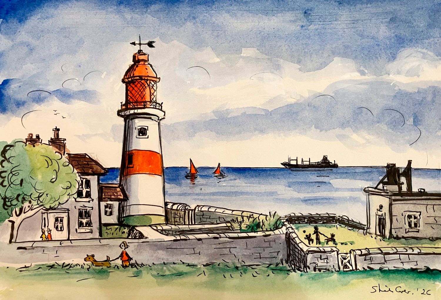 PRINT-- SOUTER LIGHTHOUSE &amp; DOG
