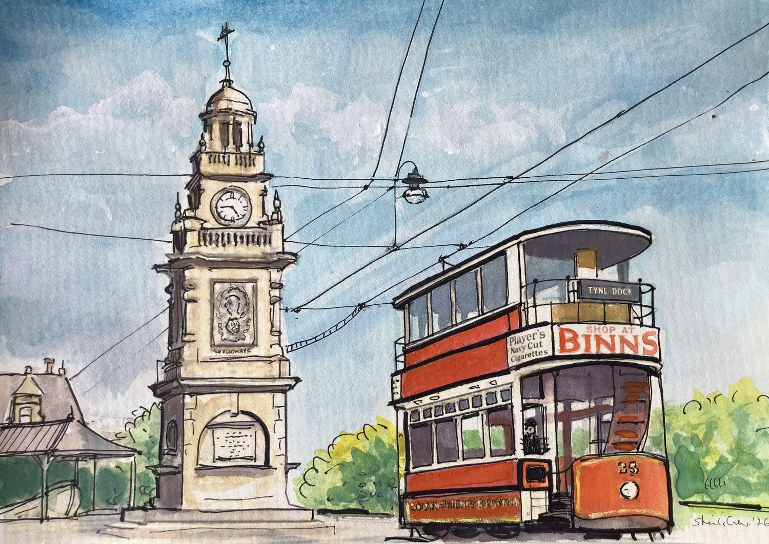 PRINT-TRAM passing THE WOULDHAVE MEMORIAL