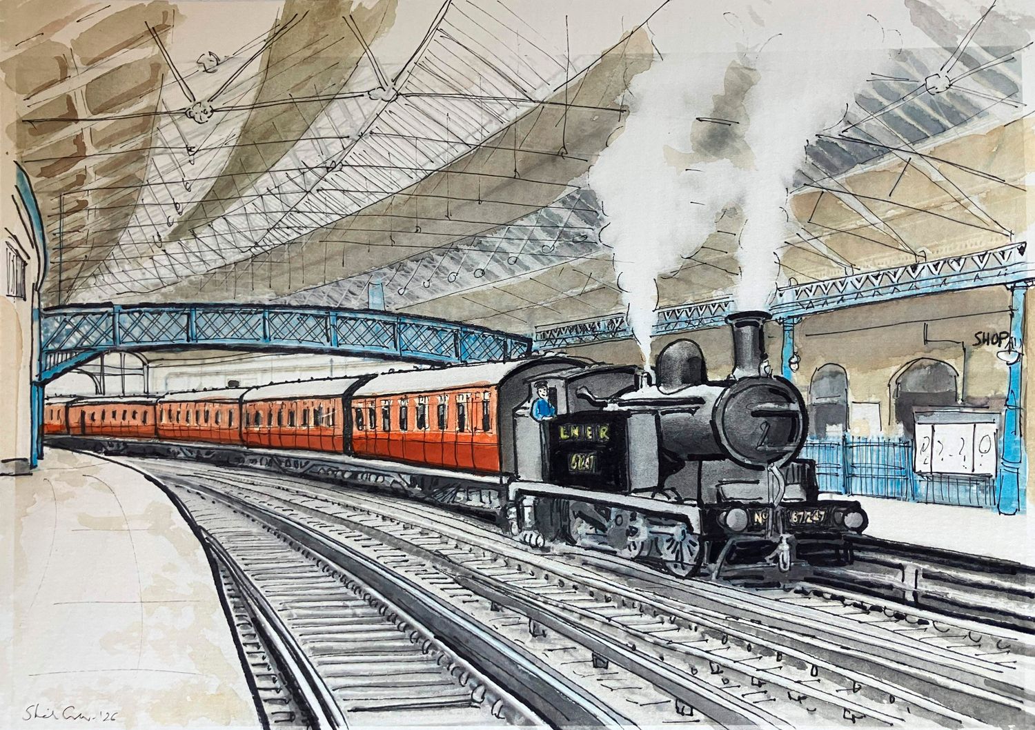 PRINT- SOUTH SHIELDS STATION with Steam Train