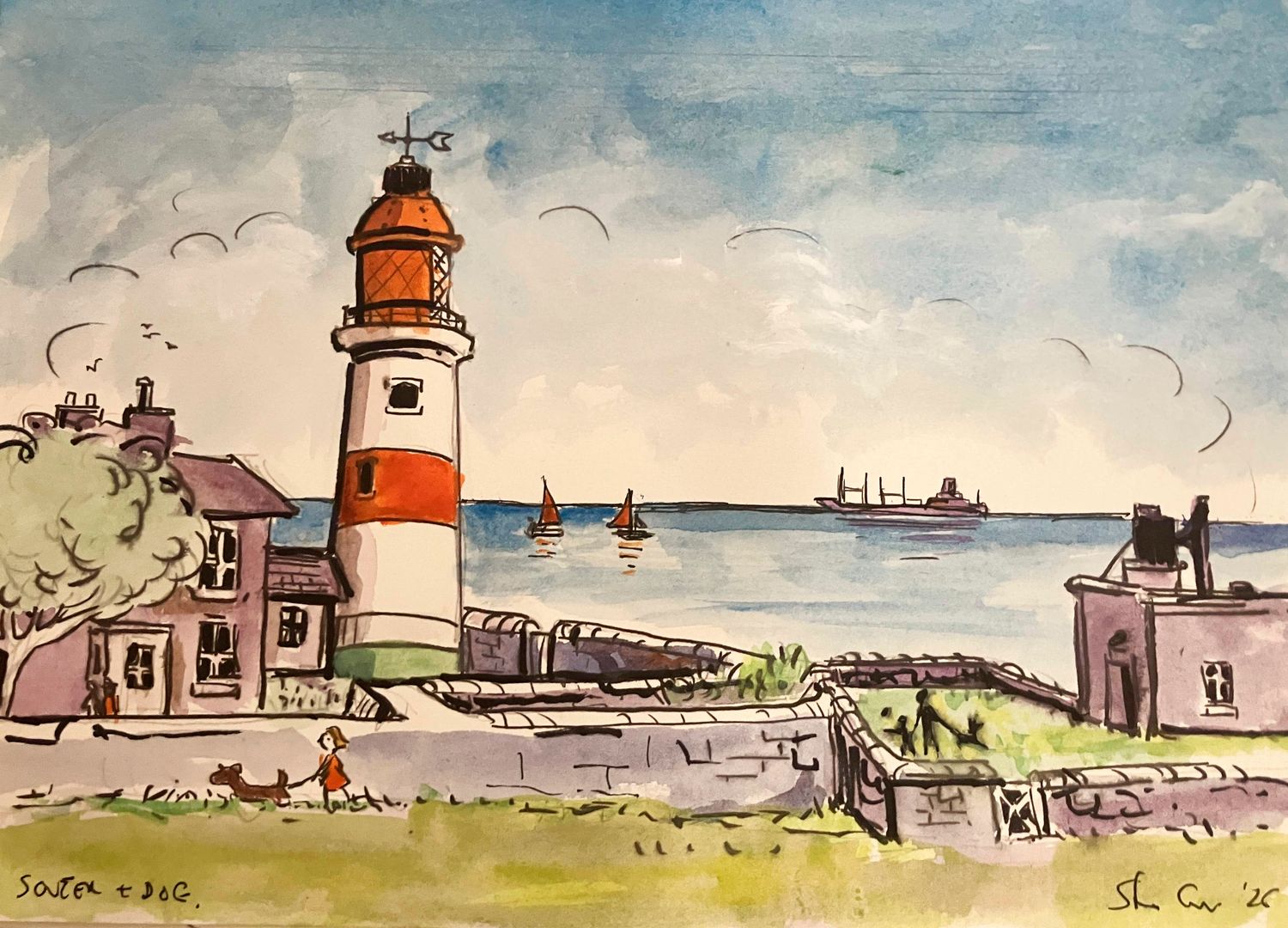 ORIGINAL Watercolour "SOUTER LIGHTHOUSE &amp; Dog Sept.06/'26