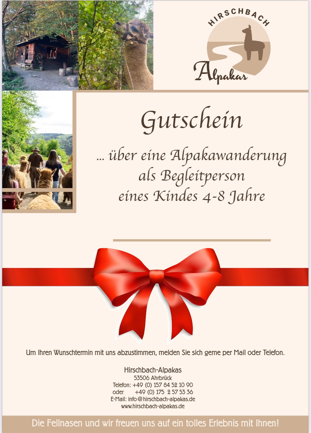 Geschenkgutschein Alpakawanderung 1 Kind als Begleitperson 4-8 Jahre zum Ausdrucken