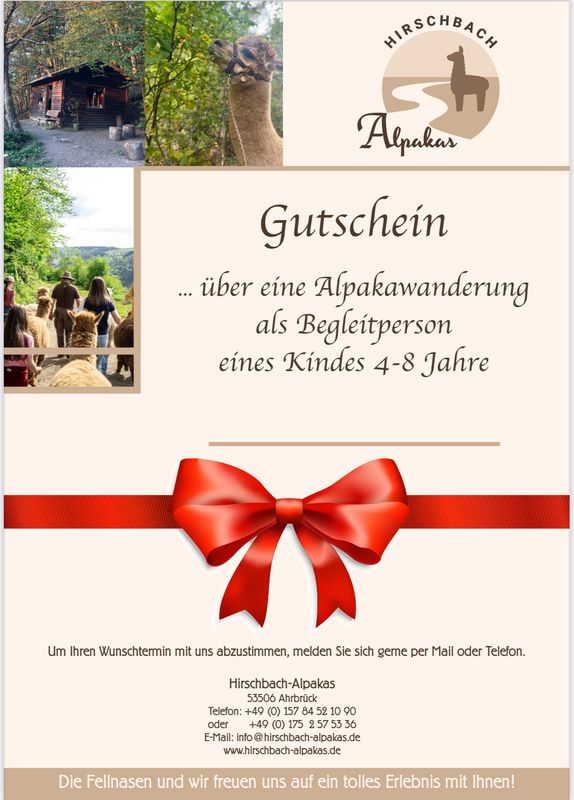 Geschenkgutschein Alpakawanderung 1 Kind als Begleitperson 4-8 Jahre zum Ausdrucken