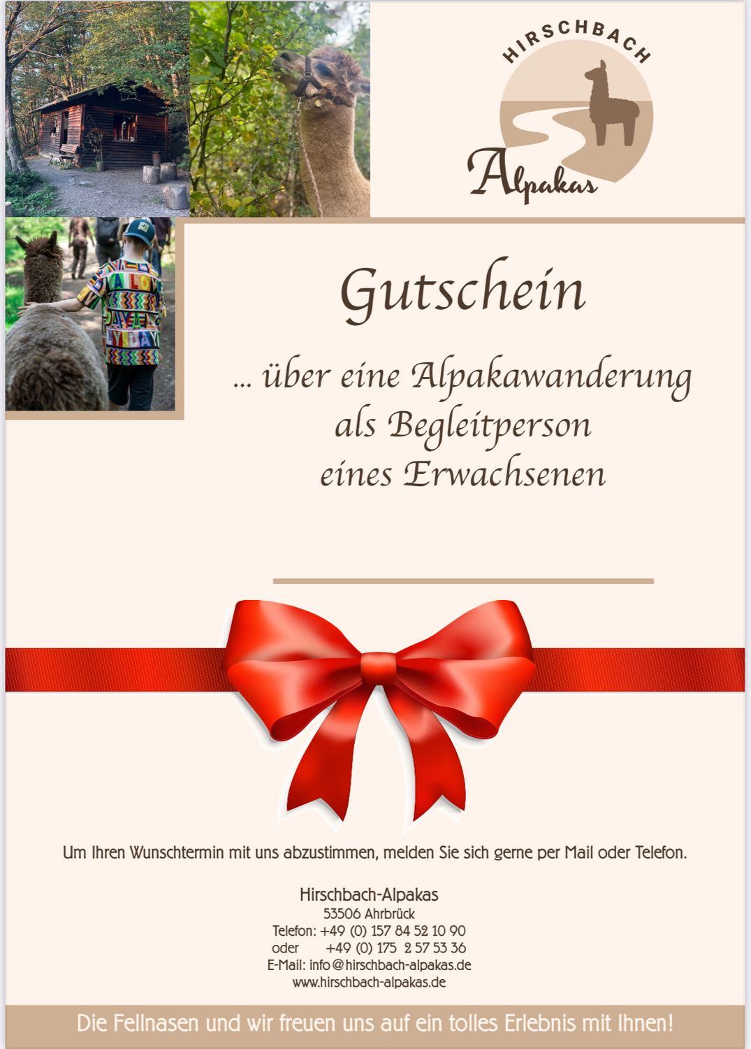 Geschenkgutschein Alpakawanderung 1 Erwachsener als Begleitperson zum Ausdrucken