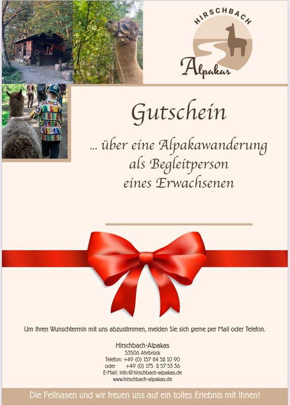 Geschenkgutschein Alpakawanderung 1 Erwachsener als Begleitperson zum Ausdrucken