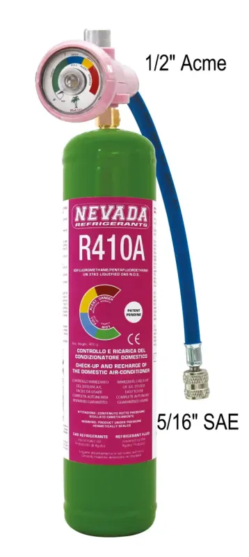 R410A - Gaz réfrigérant en bouteille de 800 gr avec manomètre et prises connexions