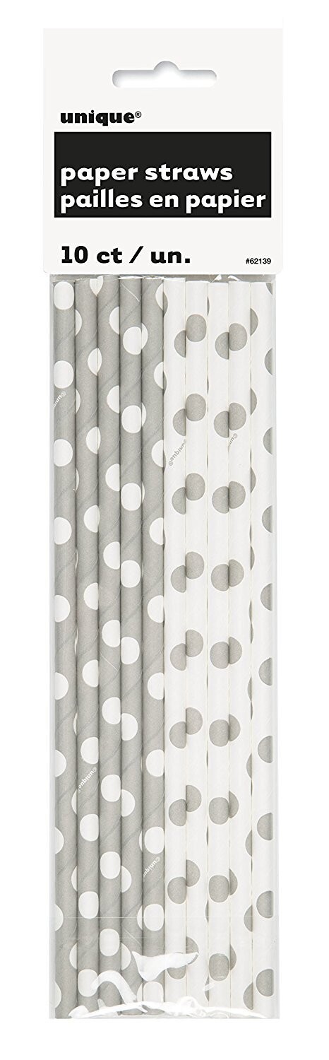 Silver Polka Dot Paper Straws 10ct+