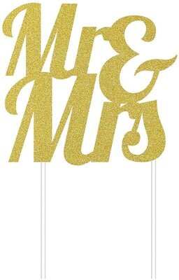 Mr &amp; Mrs Gold Glitter Cake Topper+