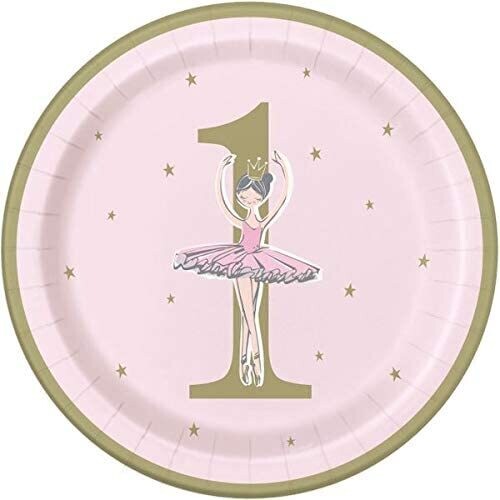 Ballerina Pink &amp; Gold 1st Birthday 9&quot; Dinner Plates 8ct+
