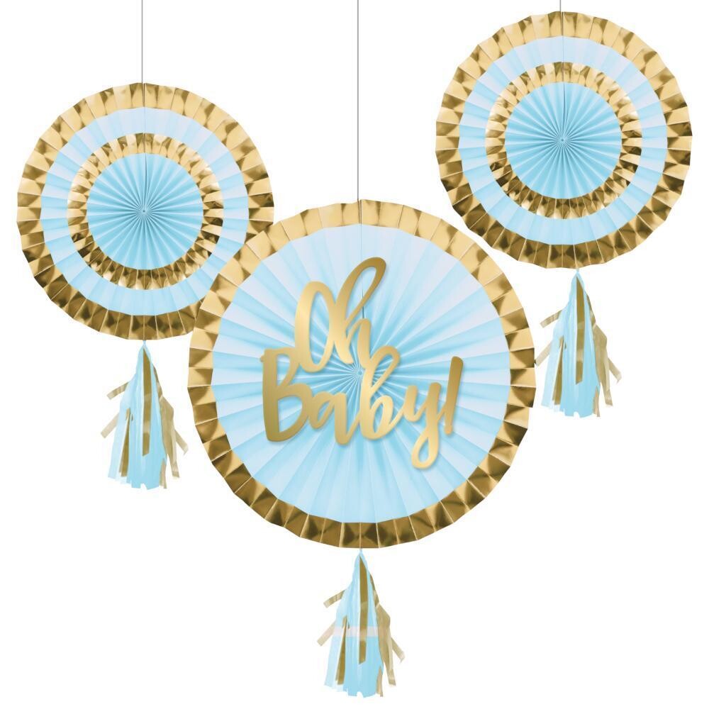 Oh Baby Blue and Gold Paper Fans w/Tassels+