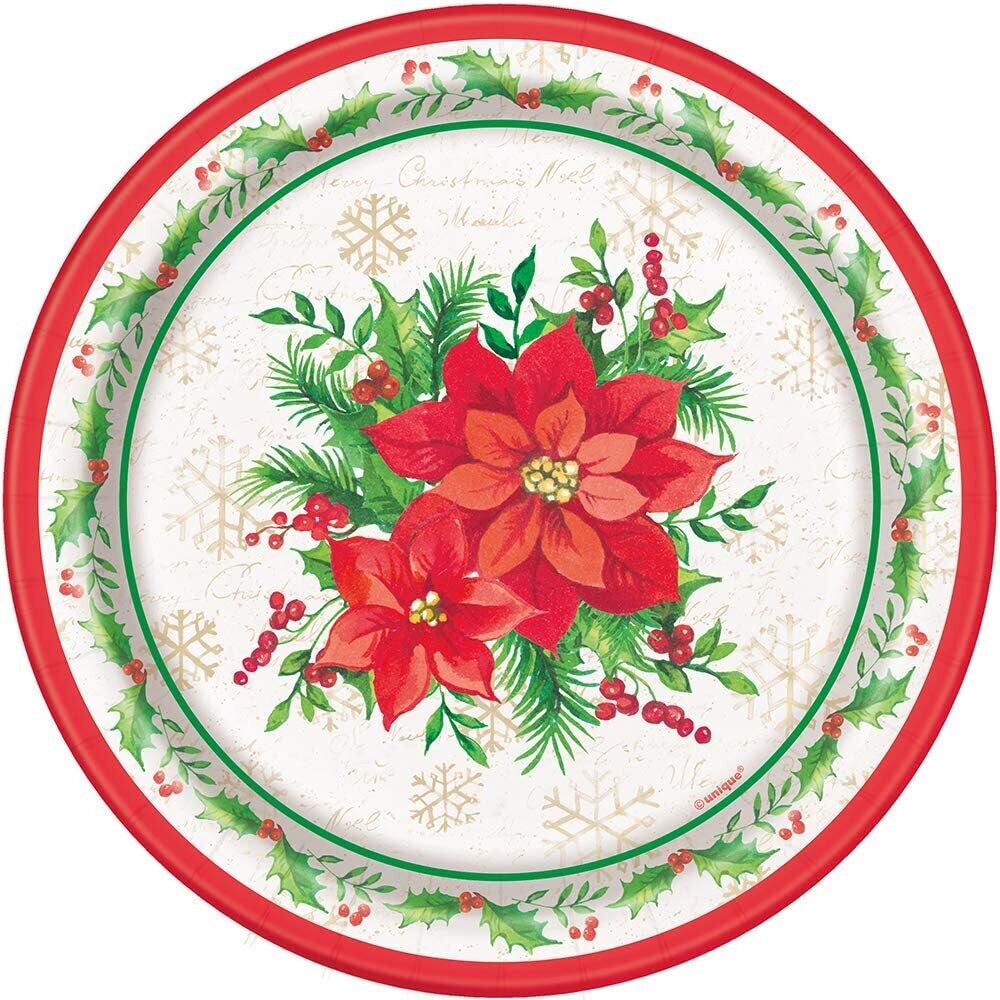 Festive Poinsettia Christmas 7" Dessert Plates 8ct+
