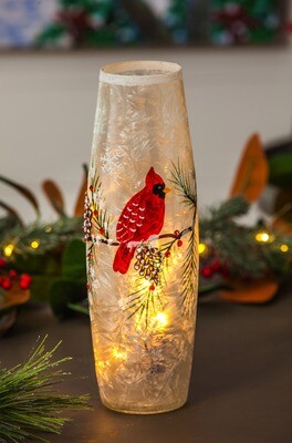 Glass Hand-painted Cardinal and Pinecones Light-up Cylinder+