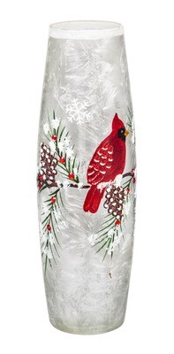 Glass Hand-painted Cardinal and Pinecones Light-up Cylinder+