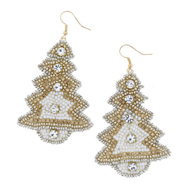 White, Silver, Gold Christmas Tree Beaded Earring+