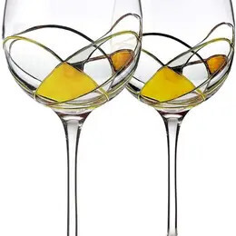 Hand Painted Wine Glasses Set of 2, Gold 28 oz Large Glass+