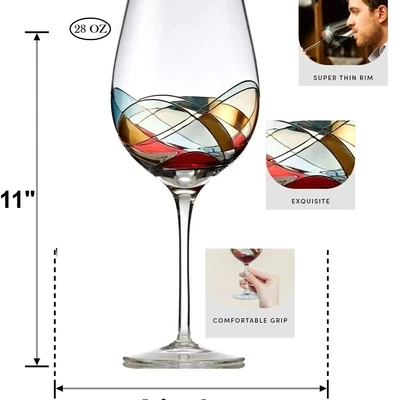Hand Painted Wine Glasses Set of 2, Gold 28 oz Large Glass+